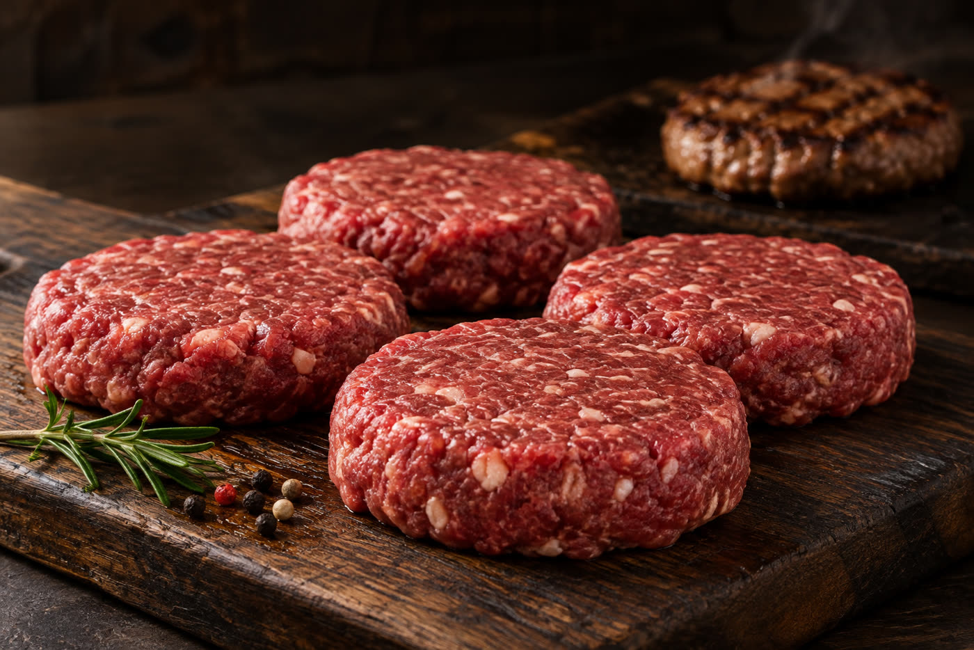 Imagem ilustrativa de hambúrgueres gourmet de fraldinha sobre uma tábua